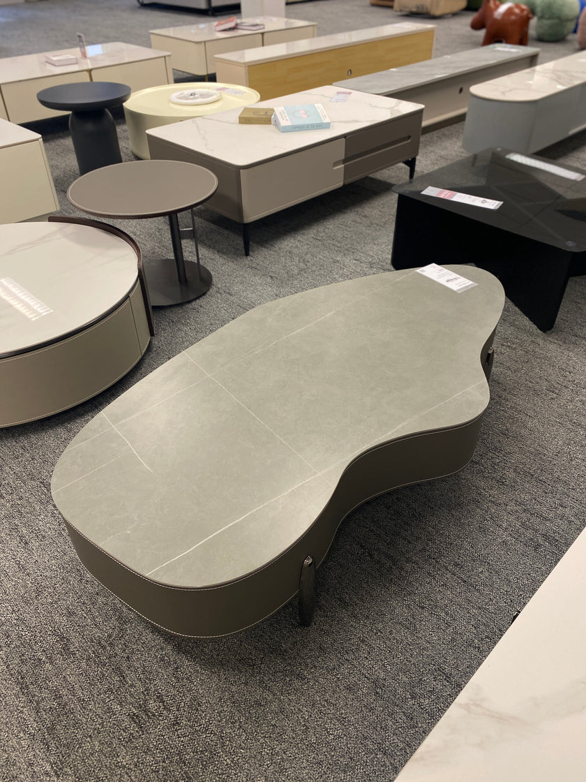 Gray Saddle Leather/Irregular Rock Plate/Coffee Table