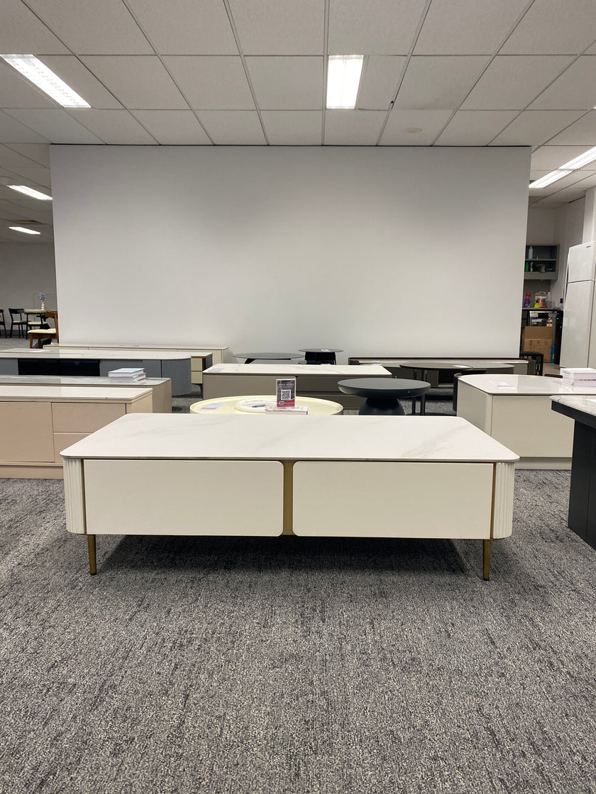 White Rock Slab/Coffee Table With Vertical Stripe Sides/Gold Feet