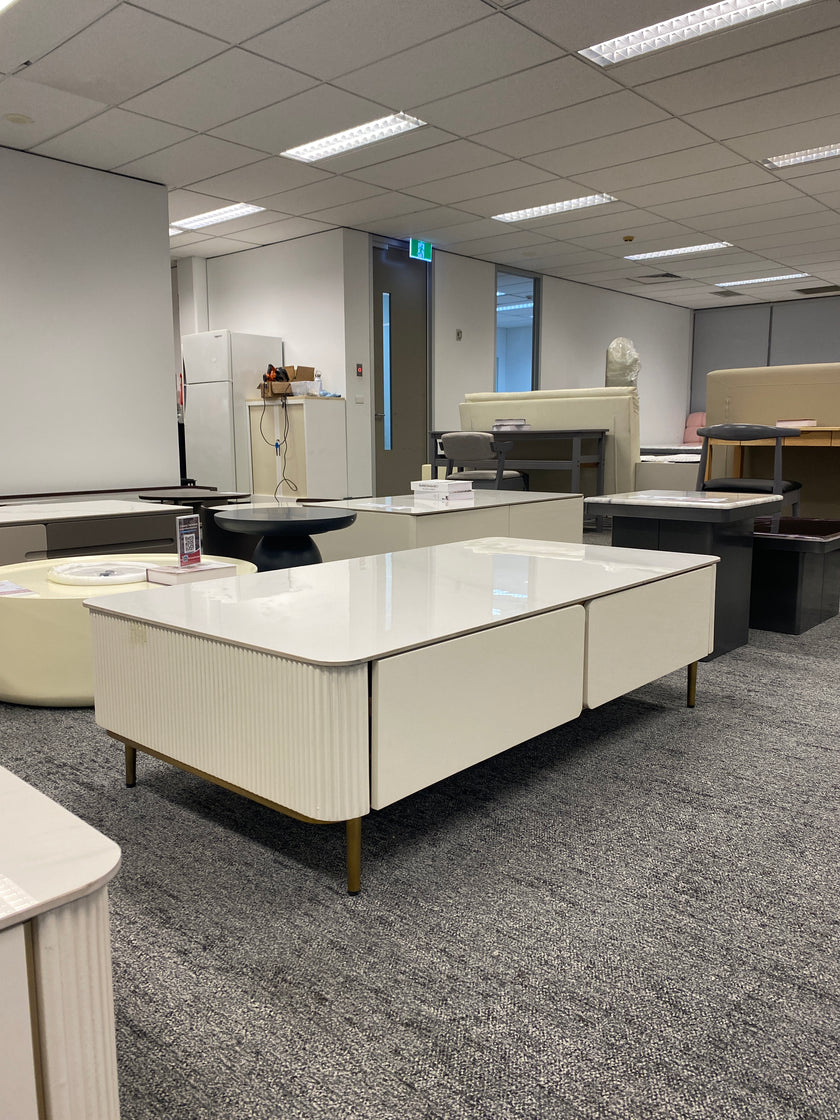 White Rock Slab/Coffee Table With Vertical Stripe Sides/Gold Feet