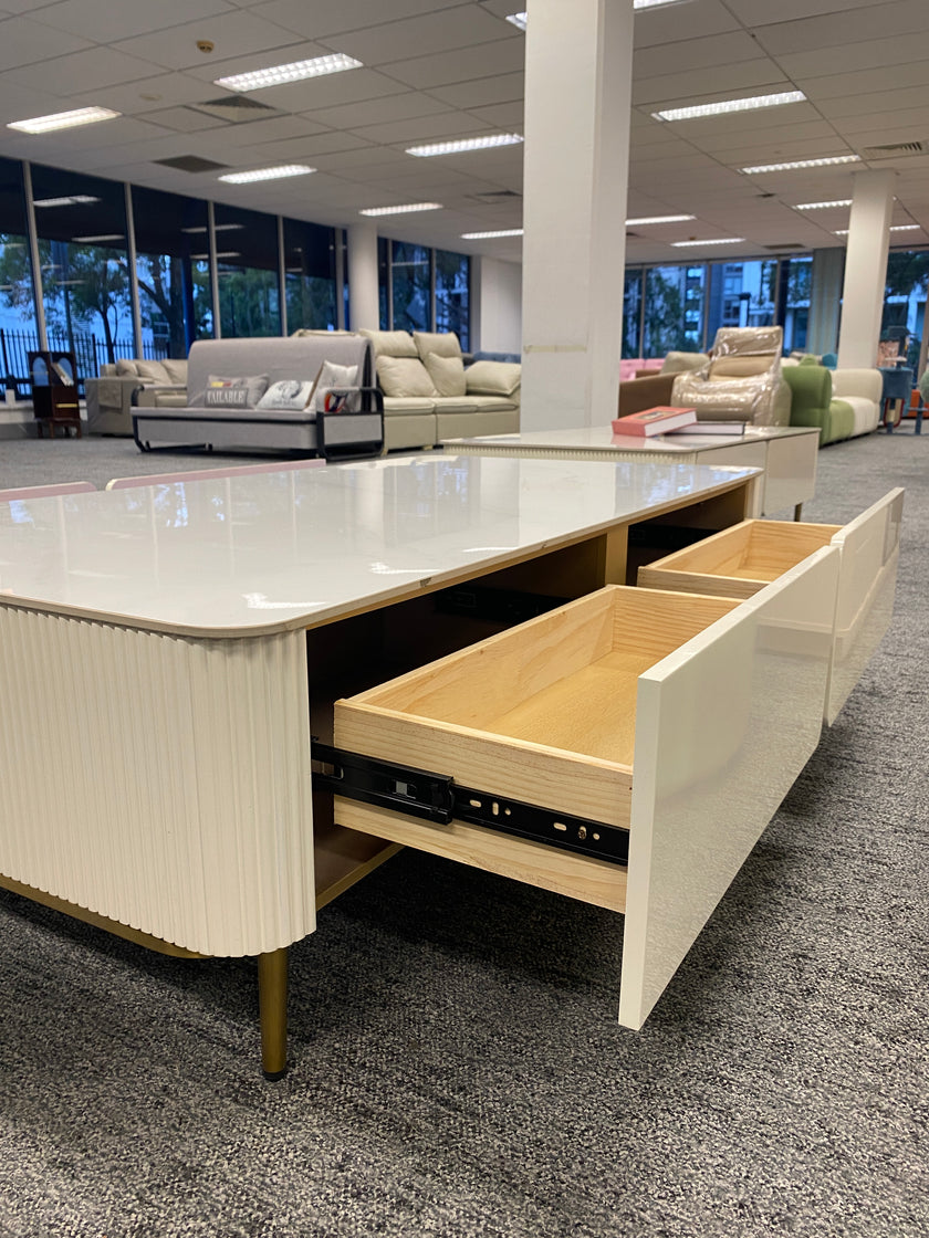 White Rock Slab/Coffee Table With Vertical Stripe Sides/Gold Feet