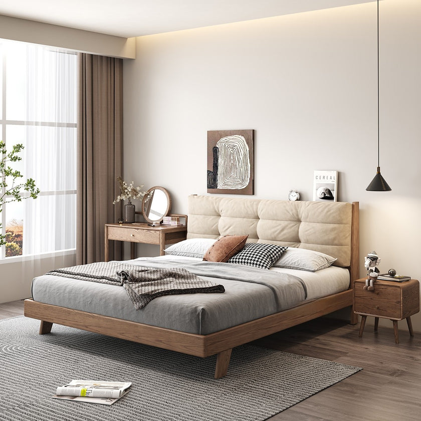 Walnut-Stained Ash Wood Bed with Cloud-Like Fabric Headboard