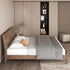 Wooden bed with white bedding in a modern bedroom setting.