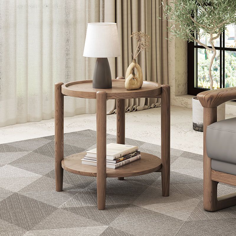 Walnut-Toned Ash Wood Two-Tier Round Side Table