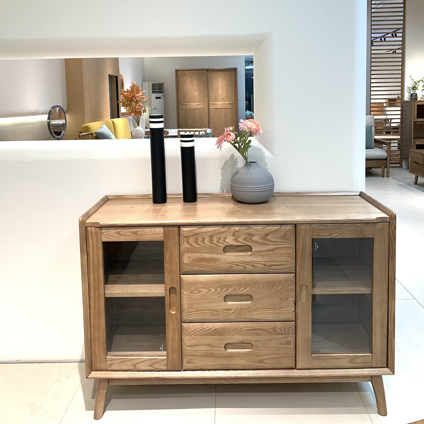Walnut-Stained Ash Wood Sideboard with Dual Glass Doors