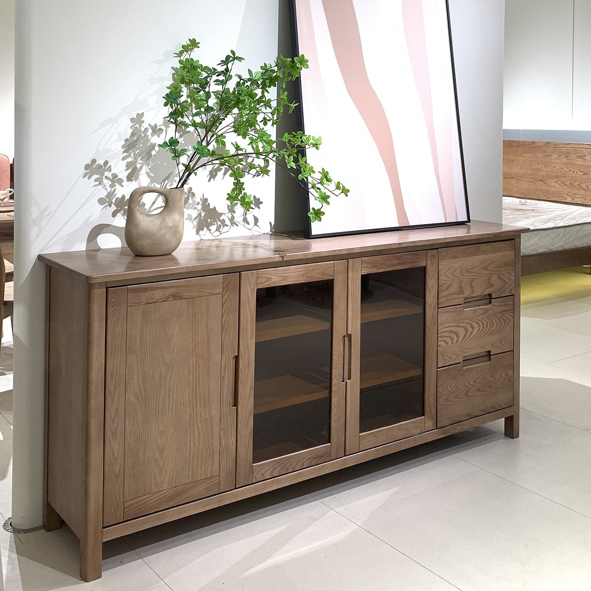Walnut-Stained Ash Wood Sideboard with Glass and  Doors