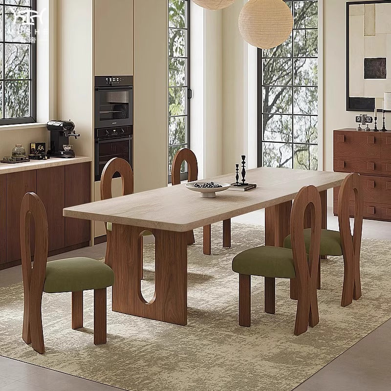 Pre Sale Rectangular Travertine Dining Table with Solid Wood Legs