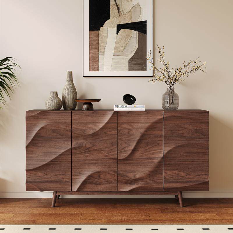 Pre Sale Walnut-Finish Solid Wood Sideboard with Water Ripple Texture