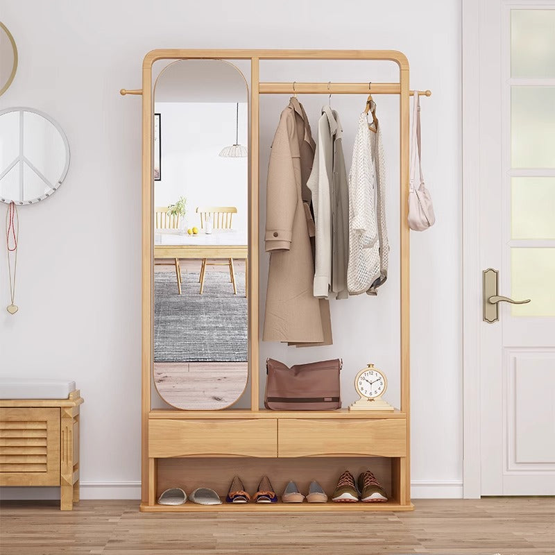 Original Wood Color With Dressing Mirror Solid Wood Combination Clothes Hanger