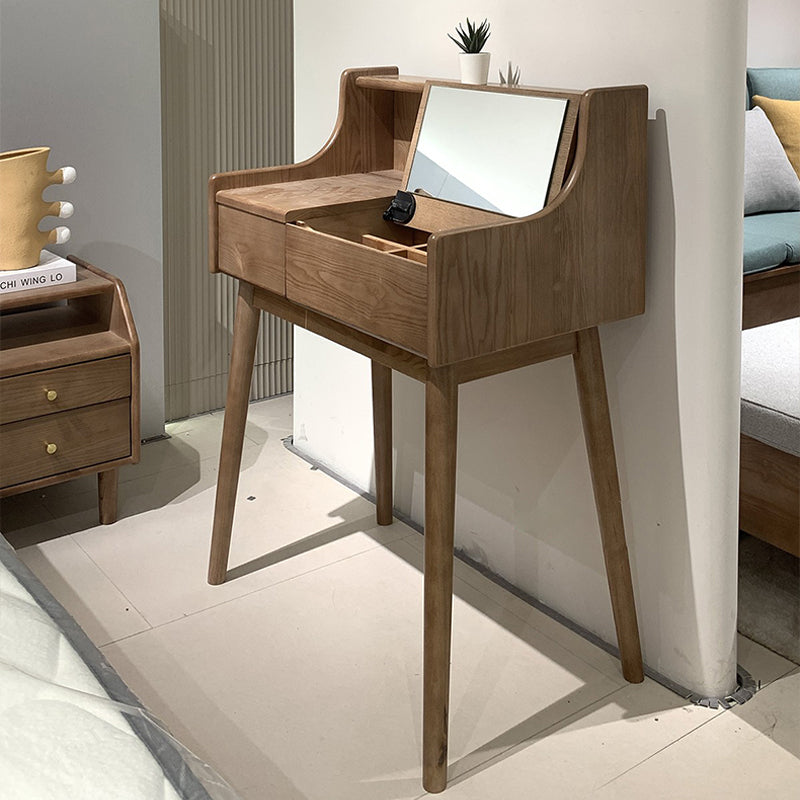 Pre Sale Walnut-Stained Ash Wood Vanity with Flip-Top Mirror and Stool