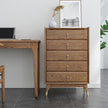 Wooden dresser with gold handles next to a desk in a room with a plant and framed picture on the wall.