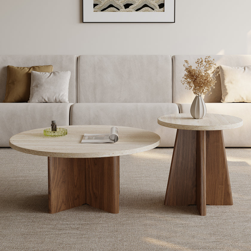 Pre Sale Travertine-Top Nesting Coffee Tables with Walnut-Toned Legs