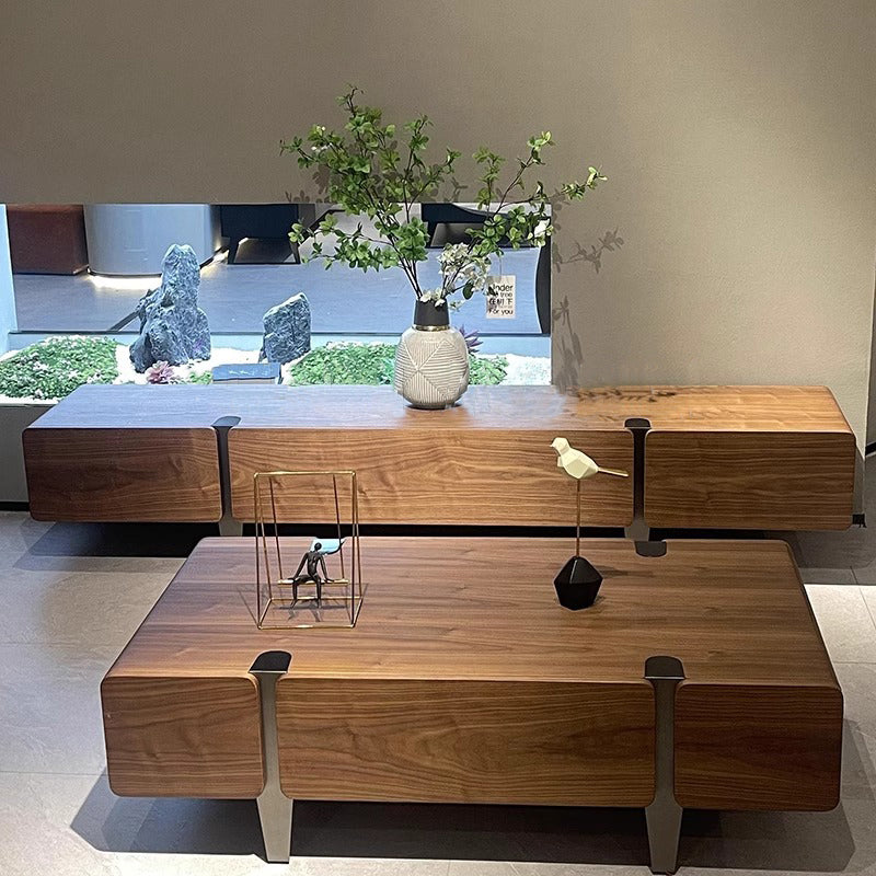 Walnut Grain TV Console with Drawers & Brushed Black Titanium Accents