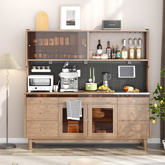 Modern kitchen setup with wooden cabinets, appliances, and decor.