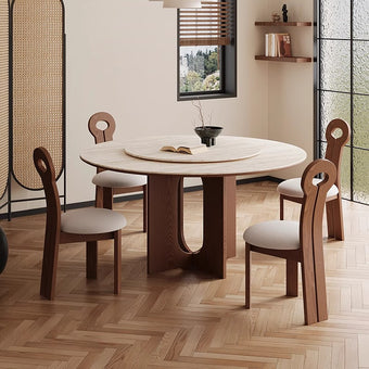 Round Travertine Walnut-colored Dining Table with 135cm Lazy Susan