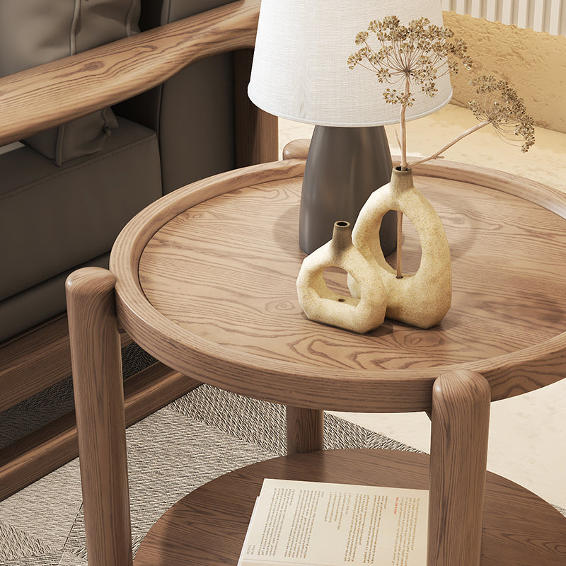Walnut-Toned Ash Wood Two-Tier Round Side Table
