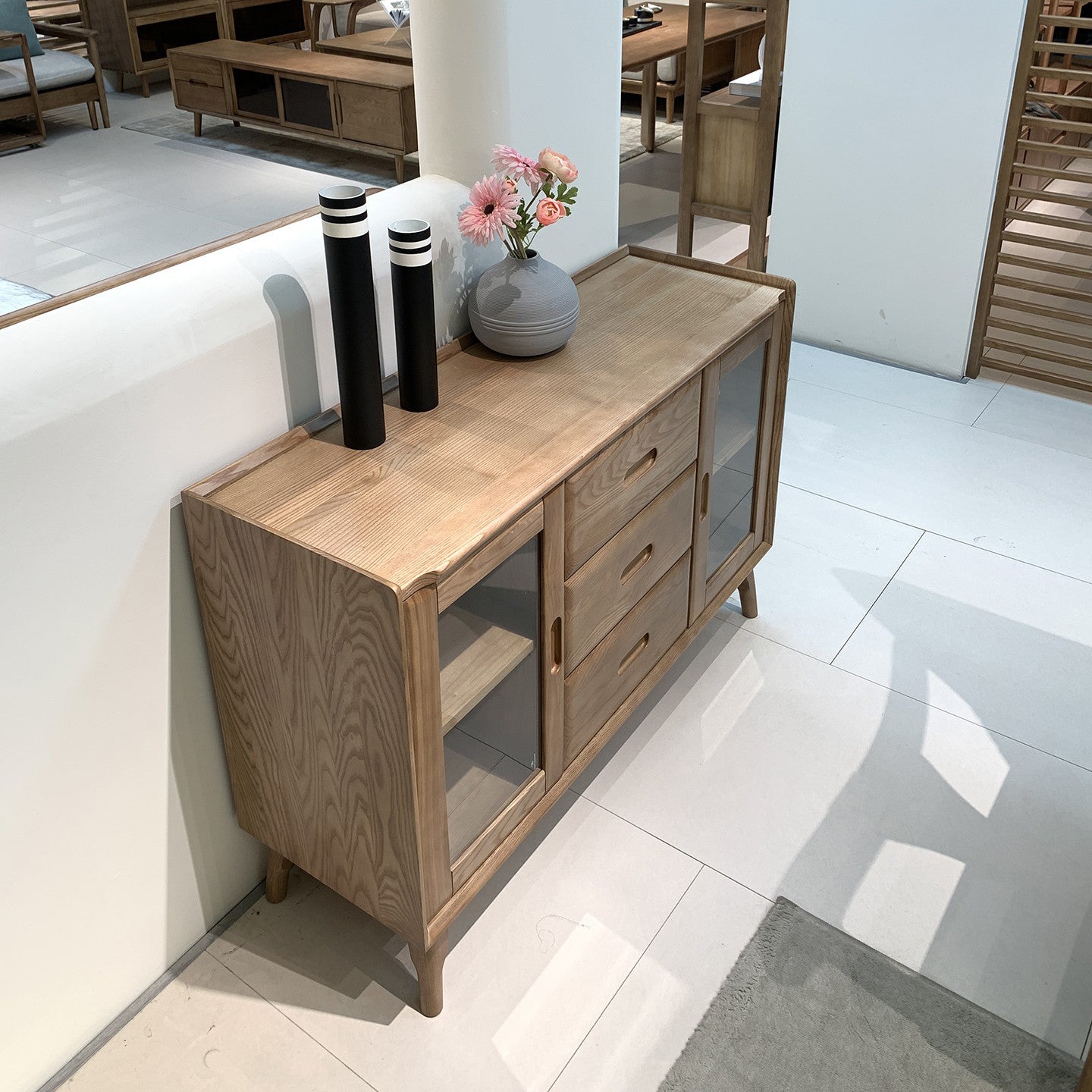 Walnut-Stained Ash Wood Sideboard with Dual Glass Doors