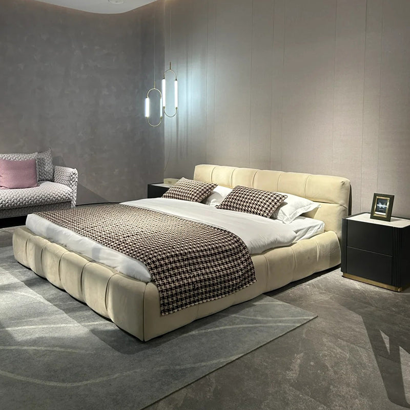 Milky White Brushed Fabric Flush Puff Bed