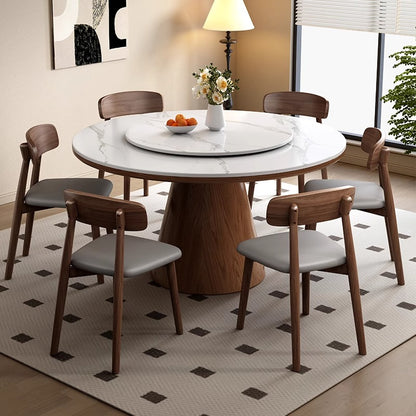 Pre Sale White Rock Top Round Dining Table with Walnut Legs and Lazy Susan