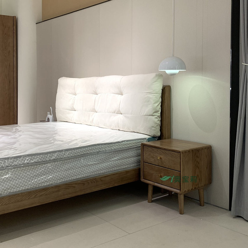 Pre Sale Walnut-Stained Ash Wood Bed with Cloud-Like Fabric Headboard