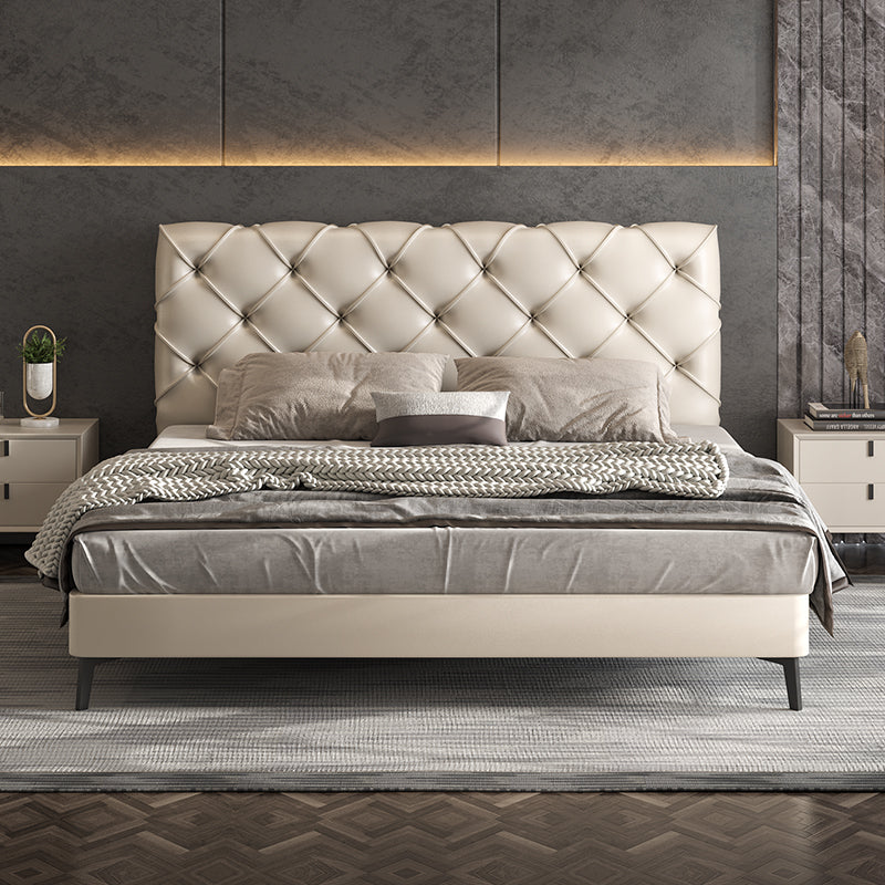 Off-White Genuine Leather Upholstered Bed with Diamond Tufting
