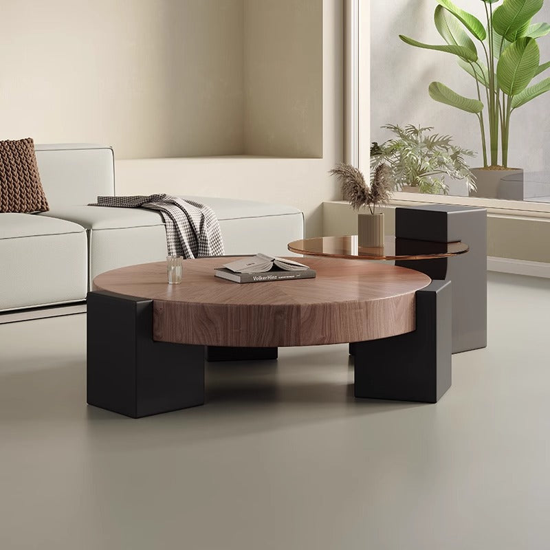 Walnut Grain Tripod Base Nesting Glass Coffee Table Set