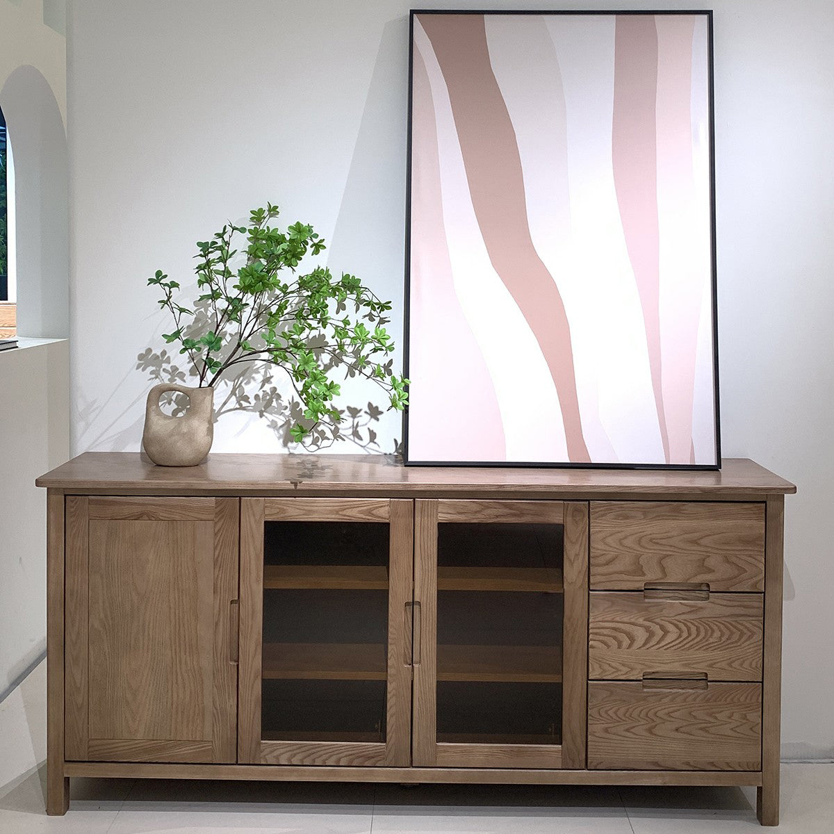 Walnut-Stained Ash Wood Sideboard with Glass and  Doors