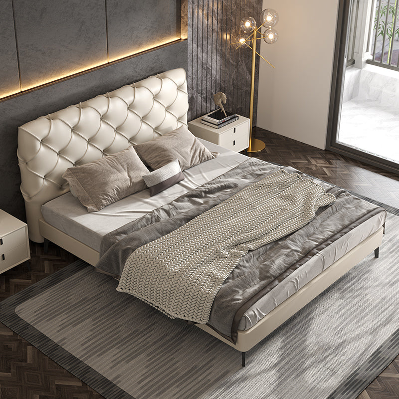 Off-White Genuine Leather Upholstered Bed with Diamond Tufting