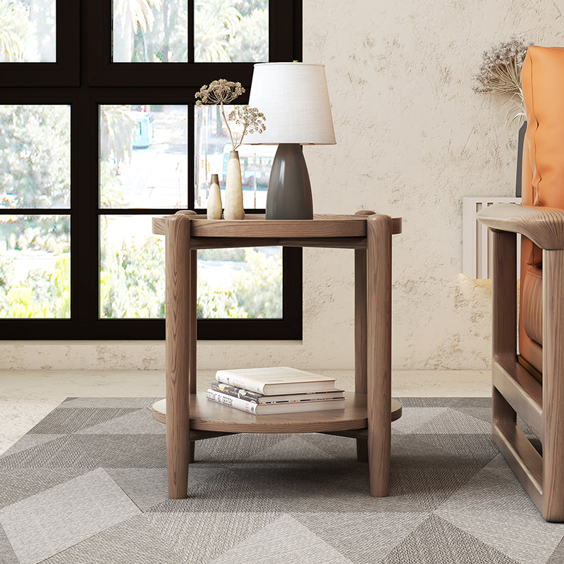 Walnut-Toned Ash Wood Two-Tier Round Side Table