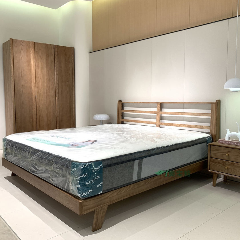 Pre Sale Walnut-Stained Ash Wood Bed with Cloud-Like Fabric Headboard