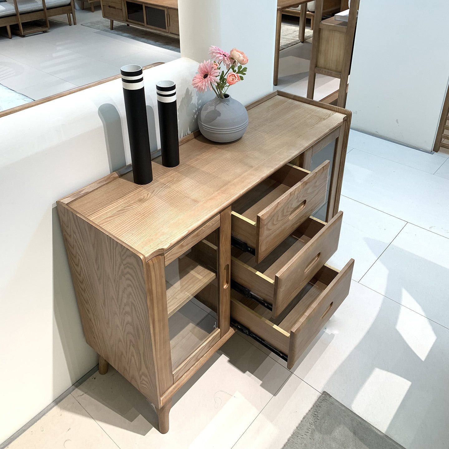 Walnut-Stained Ash Wood Sideboard with Dual Glass Doors