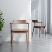 Two wooden chairs in a minimalistic room with a plant and white curtains.