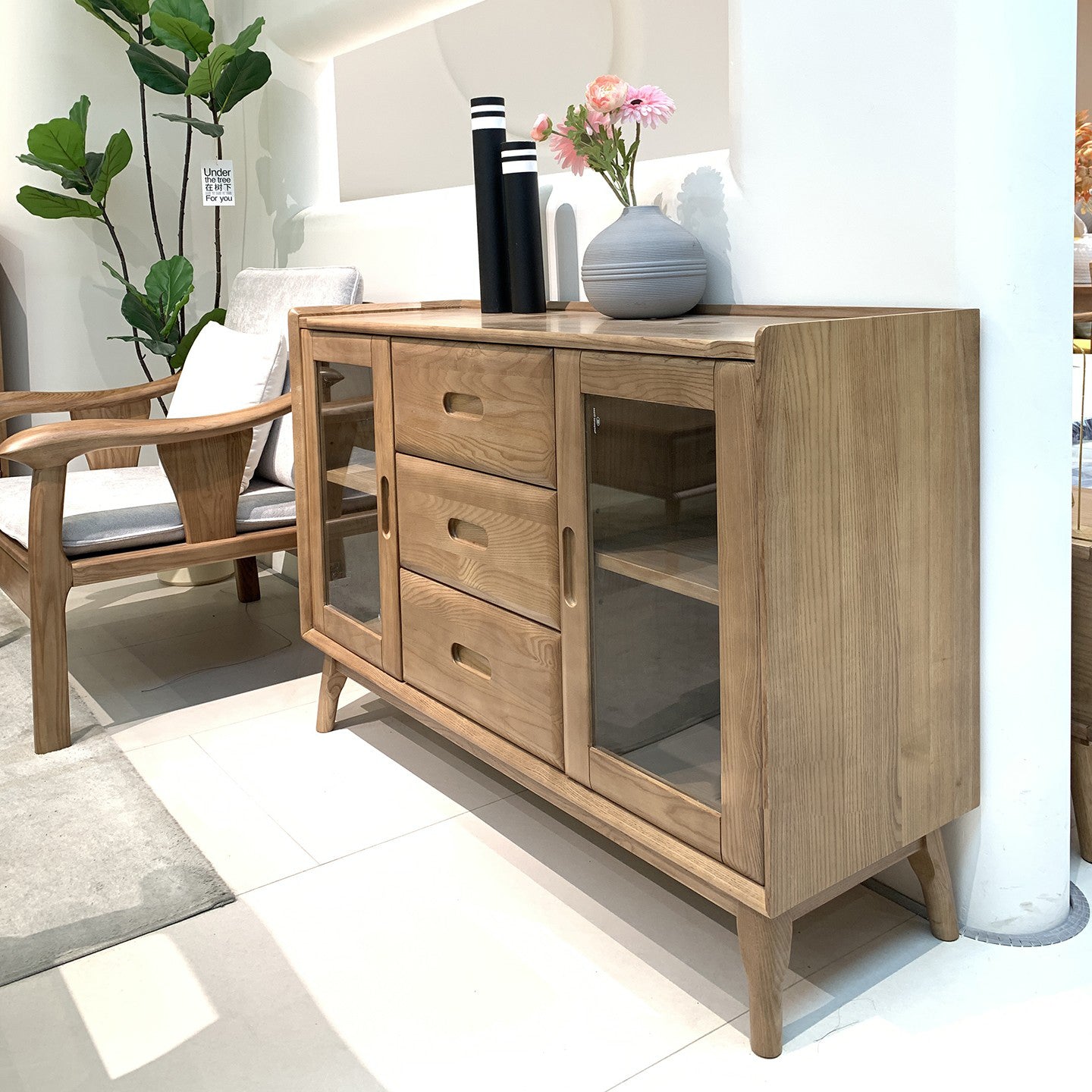 Walnut-Stained Ash Wood Sideboard with Dual Glass Doors