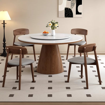 Pre Sale White Rock Top Round Dining Table with Walnut Legs and Lazy Susan