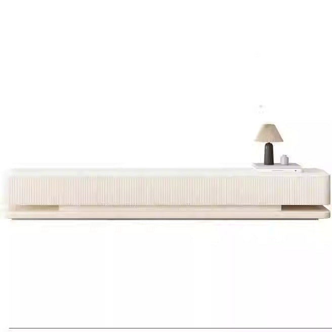 Pre Sale Pure White Stone Panel TV Console with Artisanal Openwork Wood Base