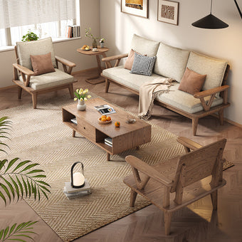 Pre Sale Nordic style beige linen fabric upholstered ash wood three-seater sofa