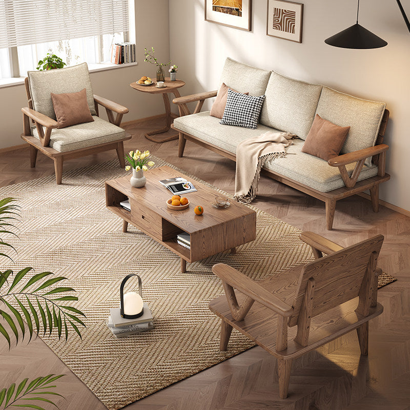 Pre Sale Nordic style beige linen fabric upholstered ash wood three-seater sofa