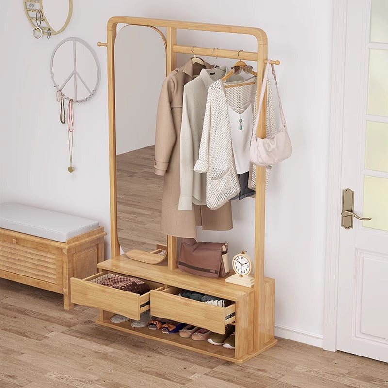 Original Wood Color With Dressing Mirror Solid Wood Combination Clothes Hanger