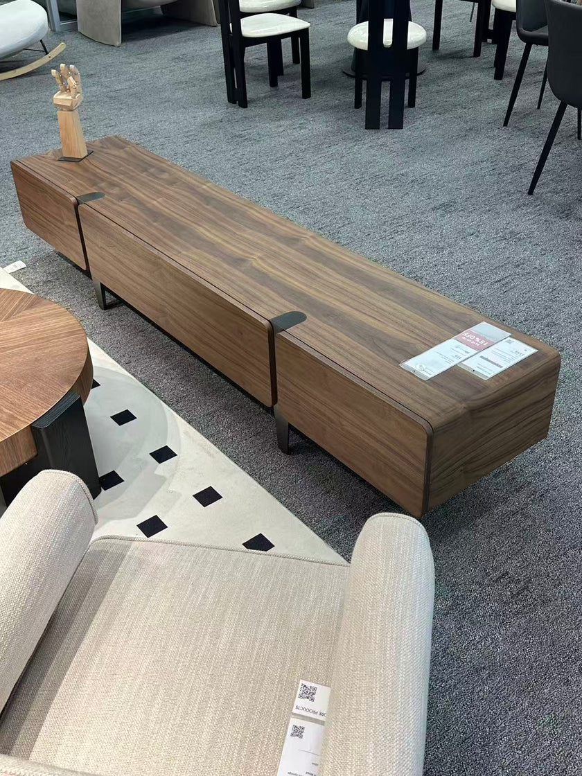 Walnut Grain TV Console with Drawers & Brushed Black Titanium Accents