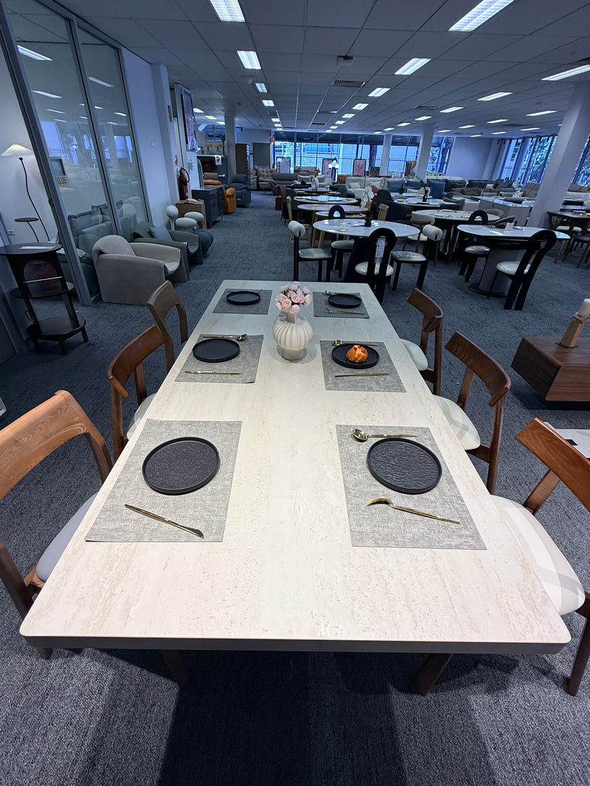 Rectangular Travertine Dining Table with Solid Wood Legs