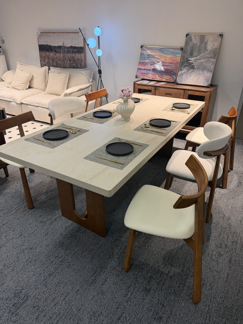Rectangular Travertine Dining Table with Solid Wood Legs
