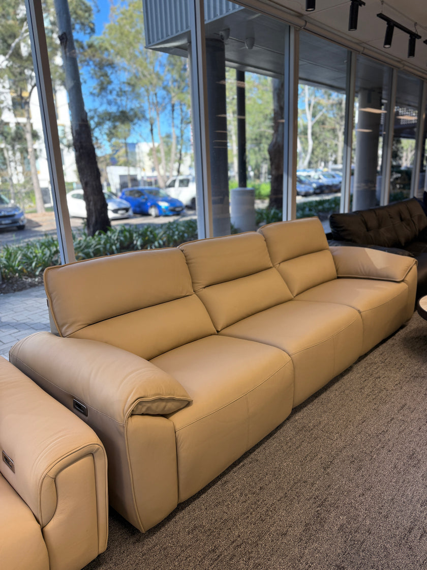 Light Khaki Leather 3-Seater Recliner Sofa with Dual Power