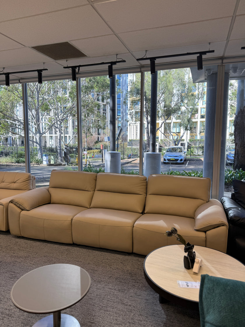 Light Khaki Leather 3-Seater Recliner Sofa with Dual Power