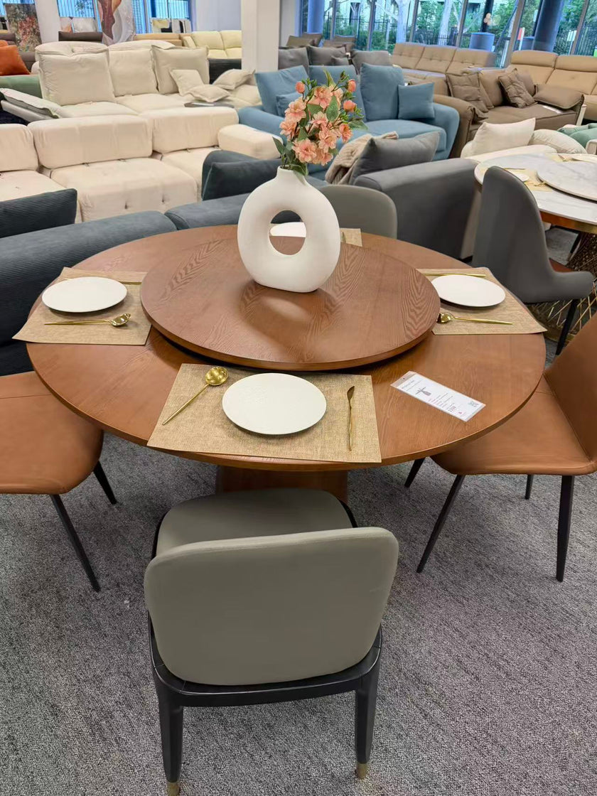 Round Solid Wood/Rock Top Dining Table with Lazy Susan