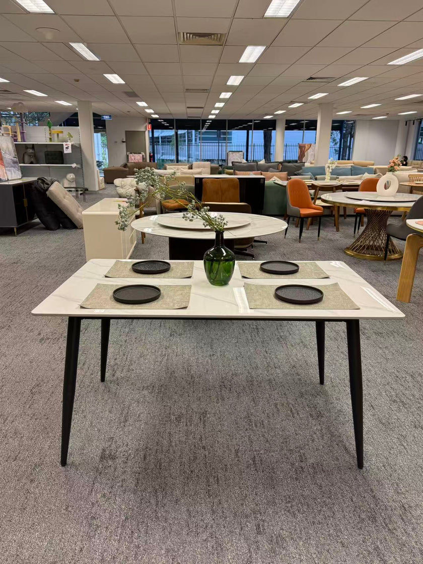 Snow Mountain White Rock Dining Table with Carbon Steel Legs & 4 Chairs