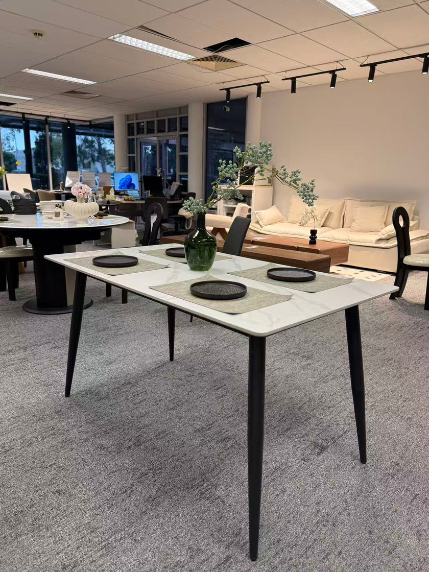 Snow Mountain White Rock Dining Table with Carbon Steel Legs & 4 Chairs