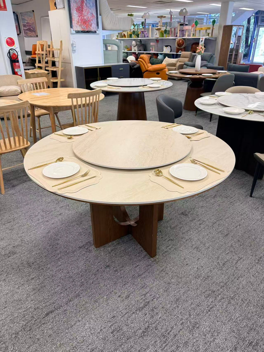 Round Travertine Walnut-colored Dining Table with 135cm Lazy Susan