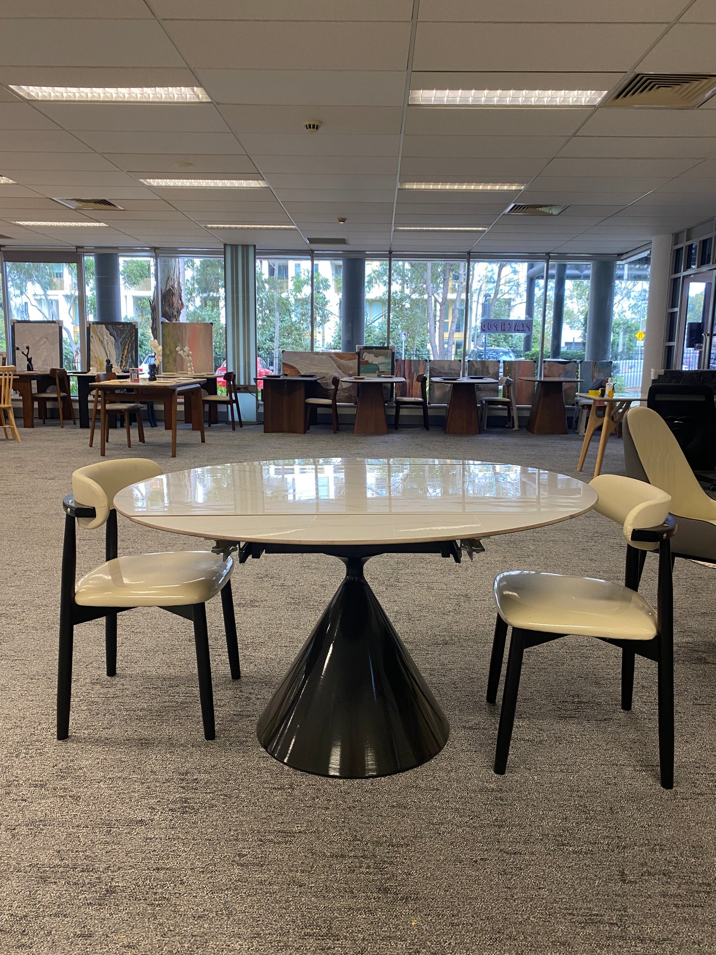 Pre Sale Round Snow Mountain Slate/Black Waist Legs/Dining Table/6 Chairs/130