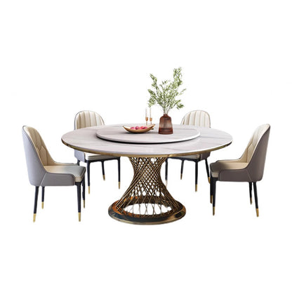 White Style Round Rock Plate/Gold Base Dining Table/6 Chairs
