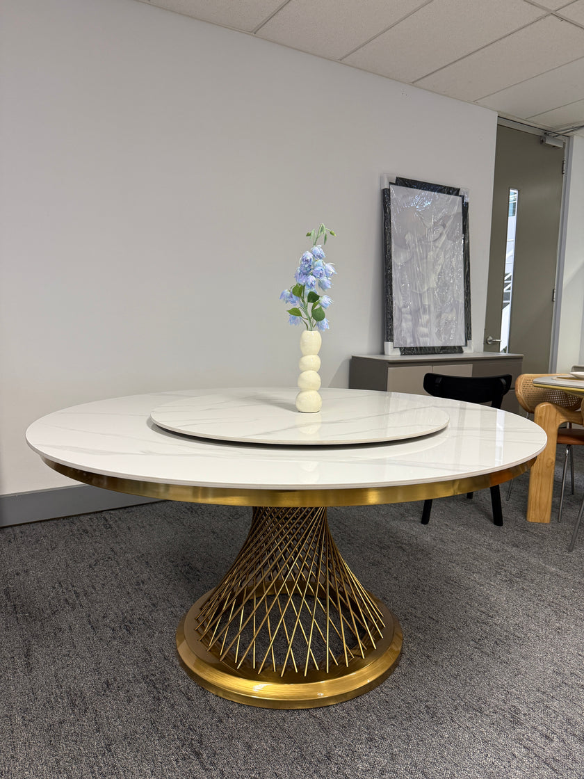 White Round Rock Plate Gold Base Dining Table