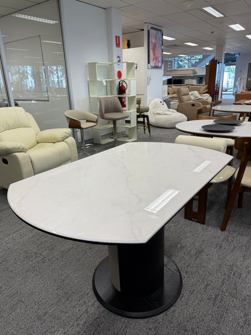 Black & White Crystalline Extendable Dining Table with Solid Wood Base